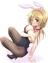 Rule 34 | 1girl, animal ears, black pantyhose, blonde hair, blush, bow, bowtie, breasts, cleavage, fake animal ears, highres, ichii yui, large breasts, leotard, mel (melty pot), pantyhose, playboy bunny, rabbit ears, rabbit tail, red bow, red bowtie, simple background, solo, tail, white background, yellow eyes, yuyushiki