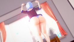 Rule 34 | 1girl, 3d, aged up, ass, curvy, from behind, highres, huge ass, long hair, mature female, morning, no pants, panties, rwby, solo, stretching, thick thighs, thighs, underwear, unski113d, weiss schnee, white hair, wide hips