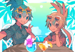 Rule 34 | 2boys, blue eyes, blue hair, blurry, blurry foreground, bracelet, chair, day, drinking straw, grin, hawaiian shirt, head rest, heterochromia, highres, jewelry, larry koopa, lemmy koopa, long hair, lzesmelt, mario (series), multiple boys, nintendo, outdoors, personification, red eyes, selfie, shirt, sitting, smile, star-shaped eyewear, star (symbol), sunglasses, super mario bros. 3, table, tongue, tongue out, v, white-framed eyewear, yellow-framed eyewear