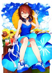 Rule 34 | 1girl, :d, ahoge, album cover, bare arms, bare shoulders, blue dress, blue sky, breasts, brown hair, cleavage, closed eyes, commentary request, cover, day, diverse system, dress, facing viewer, flower, food, fruit, hair between eyes, hand up, headphones, headphones around neck, highres, house girl (diverse system), looking at viewer, medium breasts, medium hair, mika pikazo, open mouth, original, pigeon-toed, shoes, short hair, sitting, sky, sleeveless, sleeveless dress, smile, solo, sunflower, watermelon, waving