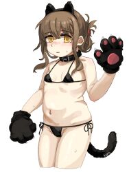 Rule 34 | 1girl, animal ears, animal hands, bikini, black bikini, black collar, blush, breasts, brown hair, cat ears, cat tail, collar, cropped legs, fake animal ears, fake tail, folded ponytail, gloves, hair between eyes, highres, inazuma (kancolle), kantai collection, kuro4221, looking at viewer, micro bikini, nose blush, parted lips, paw gloves, side-tie bikini bottom, sidelocks, simple background, small breasts, solo, sweat, swimsuit, tail, white background