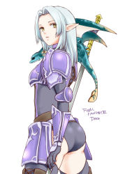 Rule 34 | 00s, 1girl, armor, ass, breastplate, brown eyes, copyright name, cowboy shot, dragon, dragoon (final fantasy), elf, elvaan, final fantasy, final fantasy xi, gloves, highres, long hair, looking back, open mouth, pauldrons, pointy ears, polearm, sakutsuki, shoulder armor, silver hair, simple background, solo, spear, thighhighs, vambraces, weapon, white background, wyvern