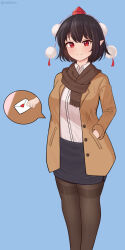 1girl absurdres black_hair black_pantyhose black_skirt blush brown_coat brown_scarf closed_mouth coat collared_shirt hands_in_pockets happy hat highres letter looking_at_viewer love_letter office_lady pantyhose pencil_skirt pointy_ears pom_pom_(clothes) red_eyes red_hat scarf shameimaru_aya shirt short_hair skirt smile tassel thighband_pantyhose tokin_hat touhou vallneko white_shirt