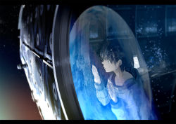 Rule 34 | against glass, androgynous, bad id, bad pixiv id, brown hair, collarbone, commentary, computer, crying, earth (planet), gender request, highres, indoors, kurono kuro, letterboxed, male focus, original, reflection, sad, short hair, solo, space, spacecraft, spacesuit, tears, window