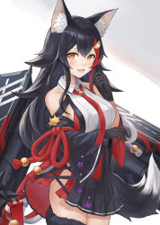 Rule 34 | 1girl, :d, animal ears, azur lane, bad id, bad pixiv id, bare shoulders, black gloves, black hair, black skirt, breasts, detached sleeves, fangs, flight deck, fuwawa (fuwawa617), gloves, hair ornament, hand up, highres, hololive, long hair, long sleeves, looking at viewer, medium breasts, miniskirt, multicolored hair, ookami mio, open mouth, orange eyes, pleated skirt, red hair, shirt, skirt, smile, solo, streaked hair, tail, thighhighs, virtual youtuber, white shirt, wide sleeves, wolf ears, wolf girl, wolf tail, zettai ryouiki
