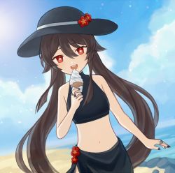 Rule 34 | 1girl, :d, beach, blush, breasts, brown hair, day, flower, flower-shaped pupils, food, genshin impact, hair flaps, halterneck, hat, hat flower, holding, holding food, holding ice cream, hu tao (genshin impact), ice cream, ice cream cone, jewelry, long hair, meeako, multiple rings, nail polish, navel, ocean, open mouth, plum blossoms, red eyes, ring, rock, sarong, sky, small breasts, smile, solo, sun hat, swimsuit, symbol-shaped pupils, very long hair