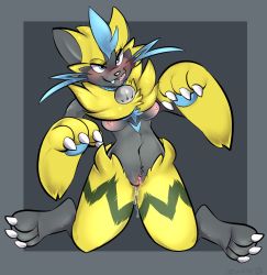 Rule 34 | 1girl, animal ears, animal hands, artist name, bell, blue eyes, blue neckwear, border, breasts, cat ears, claws, clitoris, collar, creatures (company), dated, fang, feet, female focus, full body, furry, furry female, game freak, gen 7 pokemon, grey background, grey border, half-closed eyes, hands up, kneeling, legendary pokemon, licking lips, looking at viewer, medium breasts, mythical pokemon, navel, nintendo, nipples, nude, paw pose, pokemon, pokemon (creature), pokemon usum, pussy, pussy juice, saliva, signature, simple background, smile, solo, teeth, text focus, tongue, tongue out, uncensored, whiskers, zeraora, zipzap