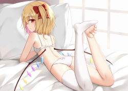 Rule 34 | 1girl, arm support, ass, barefoot, bed, blonde hair, bra, commentary request, crystal, feet, flan (seeyouflan), flandre scarlet, flat chest, from behind, full body, highres, legs up, looking at viewer, looking back, lying, multicolored hair, no shoes, on stomach, one side up, panties, pillow, pink hair, profile, short hair, single thighhigh, solo, thighhighs, thighs, toes, touhou, underwear, underwear only, white bra, white panties, white thighhighs, wings
