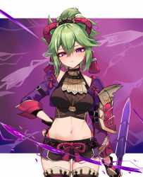 Rule 34 | 1girl, absurdres, black gloves, body markings, breasts, cropped jacket, electricity, fishnets, genshin impact, gloves, green hair, hand on own hip, highres, holding, holding knife, ivan wang, jacket, knife, kuki shinobu, letterboxed, looking at viewer, medium breasts, navel, no mask, open clothes, open jacket, parted lips, ponytail, purple eyes, purple jacket, rope, shimenawa, short shorts, shorts, sidelocks, sleeveless turtleneck crop top, solo, stomach, thighhighs, thighs, weapon