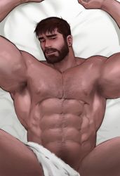 Rule 34 | 1boy, abs, arm hair, armpit hair, armpits, arms up, bara, bare pectorals, beard, bed sheet, blush, chest hair, convenient censoring, dopey (dopq), facial hair, feet out of frame, from above, highres, large pectorals, lying, male focus, male pubic hair, mature male, muscular, muscular male, mustache, naked sheet, navel, navel hair, nipples, on back, on bed, original, paid reward available, pectorals, presenting, presenting armpit, pubic hair, short hair, solo, spread legs, stomach, thick eyebrows, thick thighs, thighs