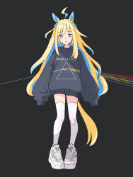 Rule 34 | 1girl, ahoge, alternate costume, animal ears, black background, black skirt, black sweater, blonde hair, blue eyes, blue hair, clothes writing, colored inner hair, dark side of the moon, fila, full body, horse ears, horse girl, horse tail, long hair, looking at viewer, multicolored hair, neo universe (umamusume), ooishi oil, parody, pink floyd, pleated skirt, prism, rainbow, shoes, simple background, skirt, sleeves past fingers, sleeves past wrists, sneakers, solo, sweater, tail, thighhighs, two-tone hair, umamusume, vanishing point, white footwear, white thighhighs