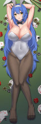 Rule 34 | 1girl, absurdres, animal ears, armpits, arms behind head, black bow, black bowtie, black gloves, black pantyhose, blue hair, blush, bow, bowtie, breasts, card game, casino card table, cleavage, clip studio paint (medium), collarbone, commentary, commission, covered navel, english commentary, fake animal ears, full body, girls&#039; frontline, gloves, highres, large breasts, leotard, long hair, looking at viewer, lying, no shoes, official alternate costume, on back, open mouth, pantyhose, parted lips, pixiv commission, playboy bunny, rabbit ears, sheita, simple background, smile, solo, table, tar-21 (girls&#039; frontline), tar-21 (night at the bar) (girls&#039; frontline), thighs, traditional bowtie, white leotard, yellow eyes