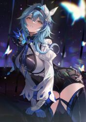Rule 34 | 1girl, black hairband, black thighhighs, blue gloves, blue hair, blue necktie, commentary request, eula (genshin impact), genshin impact, gloves, hair ornament, hairband, highres, juliet sleeves, komuer, long hair, long sleeves, looking at viewer, necktie, parted lips, puffy sleeves, shirt, solo, thighhighs, thighs, white shirt, wide sleeves, yellow eyes