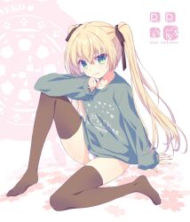 Rule 34 | 1girl, 2024, arm at side, black thighhighs, blonde hair, circle name, commentary request, crossed bangs, dated, full body, green eyes, green shirt, grin, hair between eyes, hand up, highres, knee up, long hair, looking at viewer, nanao naru, no shoes, original, panties, panty peek, pink background, shirt, simple background, sitting, sleeves past wrists, smile, snowflake print, solo, straight hair, sylph (kokonobi), thighhighs, thighs, twintails, underwear, v-shaped eyebrows, very long hair, white panties