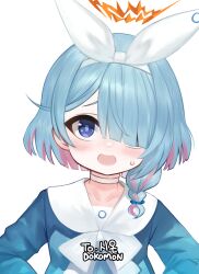 Rule 34 | 1girl, absurdres, arona (blue archive), blue archive, blue eyes, blue hair, blue shirt, blush, bow, braid, choker, collarbone, dokomon, hair over one eye, hair ribbon, hairband, halo, hands on own hips, highres, korean text, long sleeves, looking at viewer, multicolored hair, open mouth, pink hair, puffy long sleeves, puffy sleeves, ribbon, sailor collar, shirt, simple background, single braid, solo, sweat, two-tone hair, upper body, wavy mouth, white background, white bow, white choker, white hairband, white ribbon, white sailor collar