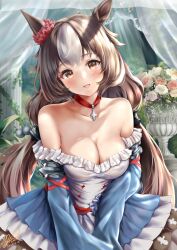 Rule 34 | absurdres, animal ears, bare shoulders, blush, breasts, brown eyes, brown hair, cleavage, collarbone, commentary request, curtains, detached sleeves, flower, frills, hair between eyes, hair ornament, highres, horse ears, horse girl, jewelry, long hair, looking at viewer, low twintails, medium breasts, miki lutecia, necklace, open mouth, signature, twintails, umamusume, yamanin zephyr (umamusume)