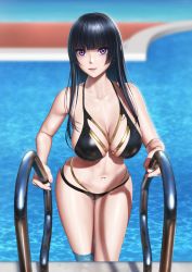 Rule 34 | 1girl, absurdres, bare shoulders, bikini, black bikini, black hair, breasts, cleavage, closed mouth, collarbone, earrings, eye piercing, feet out of frame, highres, jewelry, lips, long hair, looking at viewer, medium breasts, navel, on water, original, pool, purple eyes, smile, solo, standing, stomach, swimsuit, tai (2vs), water, wet, wet clothes, wet swimsuit