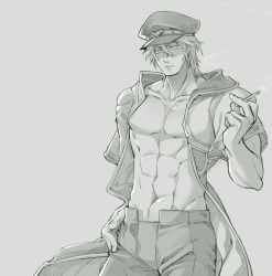 Rule 34 | 1boy, abs, cigarette, coat, commentary request, cowboy shot, eric flay, greyscale, hair between eyes, hat, hood, hooded coat, looking at viewer, male focus, monk (ragnarok online), monochrome, muscular, muscular male, open clothes, open coat, open mouth, pants, peaked cap, ragnarok online, short hair, short sleeves, simple background, smoking, solo
