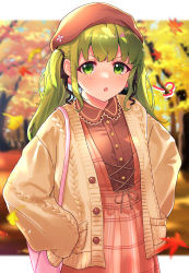 Rule 34 | 1girl, autumn, autumn leaves, bag, beret, blurry, blurry background, bow, buttons, coat, dress, green eyes, green hair, hair bow, hair ornament, handbag, hands on own hips, hat, highres, leaf, long hair, long sleeves, maple leaf, morinaka kazaki, motion blur, nijisanji, open mouth, plaid, plaid dress, sidelocks, sleeves past wrists, solo, tree, twintails, unionjack576, v-shaped eyebrows, virtual youtuber