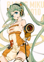 Rule 34 | 1girl, aiming, aiming at viewer, bandaid, bandaid on face, bandaid on nose, bare shoulders, blue eyes, character name, commentary, contrapposto, cowboy shot, foreshortening, goodsmile racing, green hair, hatsune miku, headphones, headset, highres, holding, impact wrench, logo, long hair, looking at viewer, orange shorts, parted lips, pocket, racing miku, racing miku (2010), rumoon, shorts, skindentation, smiley face, solo, sports bra, sportswear, tools, twintails, two-tone shirt, two-tone shorts, very long hair, vocaloid