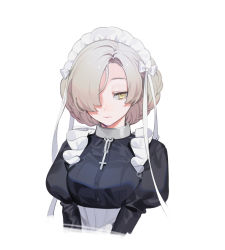 Rule 34 | 1girl, absurdres, azur lane, blonde hair, breasts, expressionless, frills, hair over one eye, highres, looking at viewer, maid, maid headdress, ohisashiburi, sheffield (azur lane), simple background, solo, white background, yellow eyes