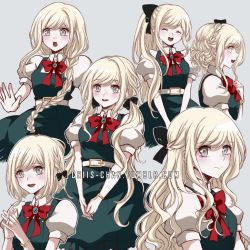 Rule 34 | 1girl, :d, alternate hair length, alternate hairstyle, belt, black bow, blonde hair, blush, bow, bowtie, bracelet, braid, breasts, closed eyes, commentary, criis-chan, danganronpa (series), danganronpa 2: goodbye despair, dress, from side, gem, green dress, grey background, hair bow, jewelry, long hair, looking at viewer, medium breasts, multiple views, open mouth, own hands together, ponytail, puffy short sleeves, puffy sleeves, red bow, red neckwear, short hair, short sleeves, simple background, smile, sonia nevermind, symbol-only commentary, tears, twintails, twitter username, v arms, white belt