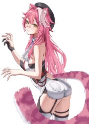 1girl absurdres animal_ears artist_glove ass beret breasts brown_eyes cleavage hat highres hololive hololive_english large_breasts multicolored_hair panther_ears panther_girl panther_tail pink_hair raora_panthera samukzz simple_background smile solo streaked_hair tail virtual_youtuber white_background