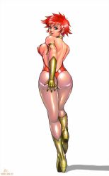 Rule 34 | 00s, 1girl, 2003, ass, ass grab, blue eyes, blush, cutie honey, cutie honey (character), earrings, from behind, grabbing own ass, hand on own ass, heart, heart earrings, highres, jewelry, kisaragi honey, magical girl, pantyhose, red hair, solo, toei animation, zen and retro