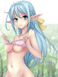 Rule 34 | blue hair, breasts, dazed, disgust, elf, green eyes, honya (maho a), pointy ears, ribbon, rolled up, solo, underboob, yellow ribbon