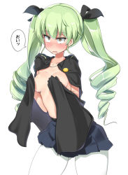 Rule 34 | 10s, 1girl, anchovy (girls und panzer), blush, bow, breasts, brown eyes, cape, covering privates, covering breasts, drill hair, frown, full-face blush, girls und panzer, green hair, hair bow, long hair, mamo williams, medium breasts, no bra, open mouth, pantyhose, pleated skirt, skirt, solo, standing, text focus, topless, twin drills, twintails, white background, white pantyhose
