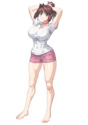 Rule 34 | 1girl, adjusting hair, arms up, bare legs, barefoot, blue eyes, breasts, brown hair, choker, covered navel, full body, highres, large breasts, looking at viewer, mazaki anzu, ozaneko, pink choker, pink shorts, ponytail, shadow, shirt, short sleeves, shorts, simple background, smile, solo, standing, white background, white shirt, yu-gi-oh!, yu-gi-oh! duel monsters, yu-gi-oh! the dark side of dimensions