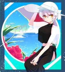 Rule 34 | 1girl, angela (project moon), black bow, black choker, blue hair, bow, breasts, choker, em3ang, flower, hat, hat bow, highres, large breasts, library of ruina, o-ring, pink flower, project moon, sarong, short hair, sky, solo, summer, sun hat, white bow, white hat, yellow eyes