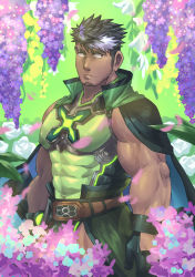 Rule 34 | 1boy, bara, belt, black gloves, black hair, brown belt, cape, chest harness, collared cape, covered abs, covered erect nipples, dark-skinned male, dark skin, day, eyebrow cut, facial hair, flower, gloves, green cape, harness, highres, large pectorals, lilac (live a hero), live a hero, male focus, multicolored hair, muscular, muscular male, outdoors, pectorals, purple flower, purple hair, short hair, solo, stubble, weedwolfeatmeat, white hair
