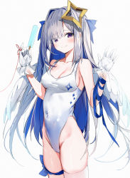 Rule 34 | 1girl, absurdres, alternate breast size, amane kanata, angel wings, blue hair, blue ribbon, blunt bangs, blush, breasts, cleavage, closed mouth, colored inner hair, commentary request, covered navel, food, gloves, grey hair, groin, hair ornament, halo, highres, holding, holding food, hololive, long hair, medium breasts, multicolored hair, one-piece swimsuit, popsicle, purple hair, ribbon, silver (chenwen), simple background, single thighhigh, smile, solo, star halo, string, string of fate, swimsuit, thighhighs, thighs, very long hair, virtual youtuber, white background, white gloves, white one-piece swimsuit, white thighhighs, wings, x hair ornament