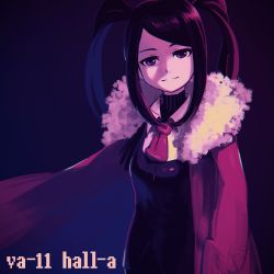 Rule 34 | 1girl, ascot, black dress, blue background, cape, closed mouth, collared shirt, commentary, copyright name, dress, fur trim, head tilt, highres, jill stingray, long hair, looking at viewer, purple eyes, purple hair, red ascot, red cape, reiesu (reis), shirt, signature, simple background, smile, solo, standing, turtleneck, two side up, va-11 hall-a