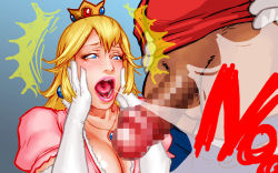 Rule 34 | 1boy, 1girl, blonde hair, blue eyes, breasts, censored, cleavage, crown, dark skin, earrings, english text, erection, imminent rape, jewelry, mario, mario (series), mosaic censoring, necklace, nintendo, penis, penis awe, princess peach, scared, screaming, shouting, super mario bros. 1, take (draghignazzo)