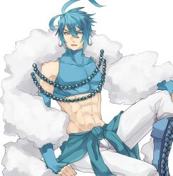 Rule 34 | 1boy, abs, altaria, antenna hair, beads, blue eyes, blue footwear, blue gloves, blue hair, boots, closed mouth, creatures (company), earrings, fingerless gloves, fold-over boots, frown, game freak, gen 3 pokemon, gloves, hair between eyes, jewelry, katagiri hachigou, male focus, nintendo, pants, personification, pokemon, short hair, simple background, solo, v-shaped eyebrows, white background, white pants