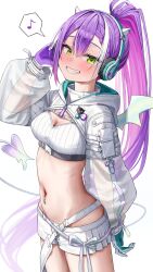 Rule 34 | 1girl, absurdres, bandeau, blush, breasts, cleavage, demon girl, demon tail, demon wings, ear piercing, fake horns, gloves, green eyes, green tea (greente42869067), hair ornament, headphones, headset, highres, hip tattoo, hololive, hooded shrug, horned headwear, horns, long hair, long sleeves, looking at viewer, medium breasts, melting tail, multicolored hair, musical note, navel, navel piercing, official alternate costume, open mouth, piercing, pink hair, ponytail, purple hair, ribbed bandeau, see-through, see-through sleeves, shorts, smile, solo, spoken musical note, strapless, streaked hair, tail, tokoyami towa, tokoyami towa (5th costume), tube top, two-sided gloves, virtual youtuber, white bandeau, white gloves, white shorts, white shrug, white tail, white tube top, winged heart tattoo, wings