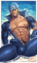 Rule 34 | 1boy, abs, archie (pokemon), bandana, bara, bare pectorals, beard, black eyes, black hair, blue bandana, blue bodysuit, bodysuit, bulge, creatures (company), dark-skinned male, dark skin, day, diving suit, erection, erection under clothes, facial hair, game freak, highres, large pectorals, looking at viewer, male focus, male pubic hair, muscular, muscular male, navel, nintendo, nipples, nullq q, open bodysuit, open clothes, open mouth, outdoors, partially submerged, pectorals, pokemon, pokemon oras, pubic hair, short hair, smile, solo, thick thighs, thighs, torn bodysuit, torn clothes, twitter username, water, wet, wet clothes, wetsuit