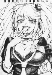 Rule 34 | 1girl, bear hair ornament, blush, bow, bra, breasts, cleavage, collarbone, commentary request, danganronpa: trigger happy havoc, danganronpa (series), enoshima junko, greyscale, hair ornament, highres, large breasts, long hair, looking at viewer, monochrome, necktie, open mouth, saliva, smile, solo, tongue, tongue out, traditional media, tsunemi aosa, twintails, underwear, upper body