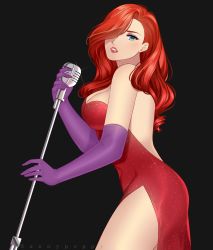 Rule 34 | 1girl, absurdres, backless dress, backless outfit, bare shoulders, blush, breasts, cleavage, dress, elbow gloves, gloves, green eyes, hair over one eye, highres, jessica rabbit, large breasts, lips, long hair, microphone, microphone stand, one eye covered, purple gloves, red dress, red hair, solo, sparkle, sunnypoppy, watermark, who framed roger rabbit