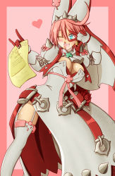 Rule 34 | 1girl, aqua eyes, blood, blush, boots, breasts, cleavage, clover, drooling, earrings, elphelt, elphelt valentine, four-leaf clover, garter straps, gloves, guilty gear, guilty gear xrd, hara3233reta 424, hasebe akira, hat, heart, heart-shaped pupils, highres, jewelry, large breasts, nosebleed, one eye closed, open mouth, pink hair, ribbon, simple background, smile, solo, symbol-shaped pupils, thigh boots, thighhighs