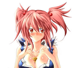 Rule 34 | 1girl, bad id, bad pixiv id, between breasts, blush, breasts squeezed together, breast suppress, breasts, cleavage, female focus, hair bobbles, hair ornament, hands on own chest, kumapan, large breasts, onozuka komachi, red eyes, rod of remorse, shirt, sleeveless, sleeveless shirt, solo, touhou, twintails, two side up