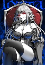 Rule 34 | 1girl, armchair, breasts, chair, character name, character request, choker, cleavage, copyright request, crossed legs, ebiblue, elbow gloves, fingerless gloves, gesugao, gloves, greyscale, hand on own face, highres, jewelry, large breasts, monochrome, necklace, pendant, pointy ears, red eyes, sitting, smile, solo, spot color, thick thighs, thighhighs, thighs