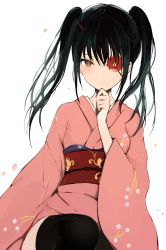 Rule 34 | 1girl, bad id, bad tumblr id, black hair, black thighhighs, blush, closed mouth, copyright request, cowboy shot, expressionless, eyepatch, floral print, flower eyepatch, gintama, hand on own chin, japanese clothes, kimono, long sleeves, looking at viewer, lpip, obi, orange eyes, petals, sash, short twintails, sidelocks, sitting, solo, thighhighs, thighs, thinking, twintails, wide sleeves, yagyuu kyuubei, zettai ryouiki