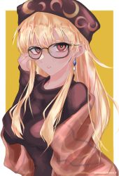 Rule 34 | 1girl, alternate costume, black sweater, blonde hair, breasts, contemporary, dangle earrings, earrings, glasses, gomashiopappa k, hat, highres, jewelry, junko (touhou), long hair, looking at viewer, medium breasts, red eyes, shawl, solo, sweater, touhou