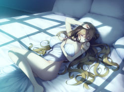 Rule 34 | 1girl, absurdres, arm up, armpits, ass, bed, bed sheet, blonde hair, breasts, breasts apart, choker, closed mouth, covering privates, covering nipples, deep one (game), feet, game cg, highres, houmatsu yoruko, indoors, large breasts, legs, light, long hair, looking down, lying, moonlight, nail polish, natsuhiko, night, nude, on bed, orange nails, original, pillow, pink eyes, scar, shadow, solo, thighs