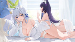 Rule 34 | 2girls, ahoge, animal ear fluff, animal ears, azur lane, bare legs, bare shoulders, bed, blue eyes, bra, breasts, cheek rest, cleavage, closed eyes, closed mouth, fox ears, hair ornament, hand up, highres, large breasts, long hair, long sleeves, looking at viewer, lying, multiple girls, musashi (azur lane), off shoulder, on bed, on side, open clothes, open shirt, panties, purple hair, qing wu, shinano (azur lane), shirt, smile, string bra, thighs, underwear, very long hair, waking up, white bra, white hair, white panties, white shirt