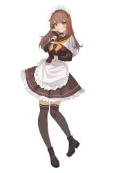 Rule 34 | 1girl, anchor symbol, apron, blush, boots, breasts, brown dress, brown eyes, brown hair, choker, ddul (hauluimubingoj1), dress, fingerless gloves, frilled apron, frilled dress, frills, full body, gloves, guilty gear, guilty gear strive, highres, long hair, long sleeves, maid, maid apron, maid headdress, may (guilty gear), medium breasts, sailor collar, simple background, smile, solo, sweatdrop, thighhighs, v-shaped eyebrows, white background, wrist cuffs, zettai ryouiki