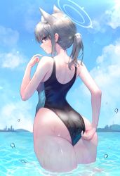 Rule 34 | 1girl, absurdres, adjusting clothes, adjusting swimsuit, animal ear fluff, animal ears, ass, black one-piece swimsuit, blue archive, blue eyes, blush, breasts, competition swimsuit, cross, cross hair ornament, extra ears, grey hair, hair ornament, halo, highres, inverted cross, lee jin byeol, looking at viewer, looking back, medium hair, multicolored clothes, multicolored swimsuit, ocean, one-piece swimsuit, ponytail, school swimsuit, shiroko (blue archive), shiroko (swimsuit) (blue archive), solo, swimsuit, thighs, wading, wet